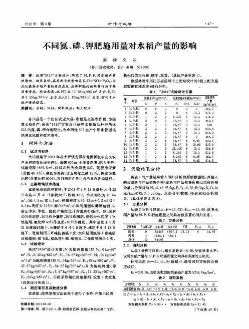 不同氮、磷、钾肥施用量对水稻产量的影响