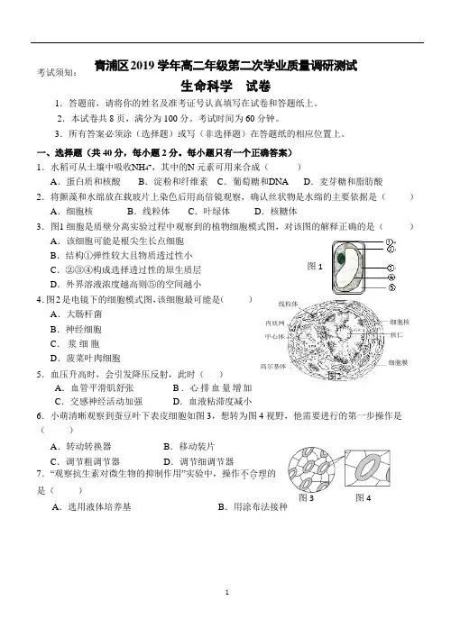 2020年整理上海市青浦区2020届高三生物二模试卷.doc