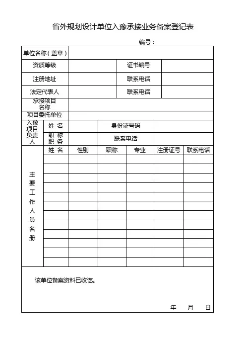 省外规划设计单位入豫承接业务备案登记表