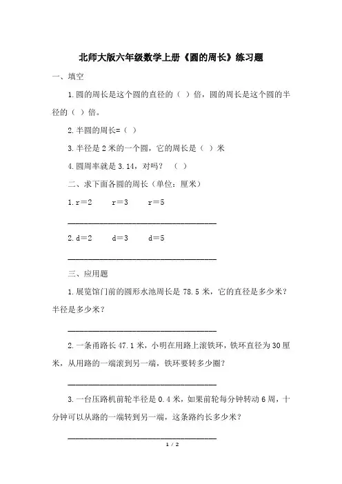 北师大版六年级数学上册《圆的周长》练习题