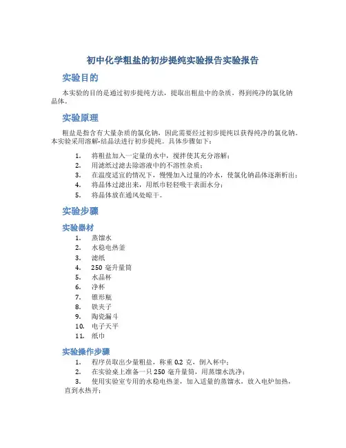 初中化学粗盐的初步提纯实验报告实验报告