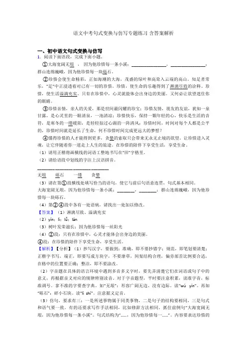 语文中考句式变换与仿写专题练习 含答案解析