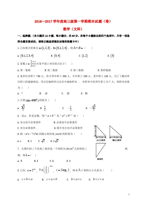 甘肃省定西市通渭县届高三数学上学期期末考试试题文【含答案】