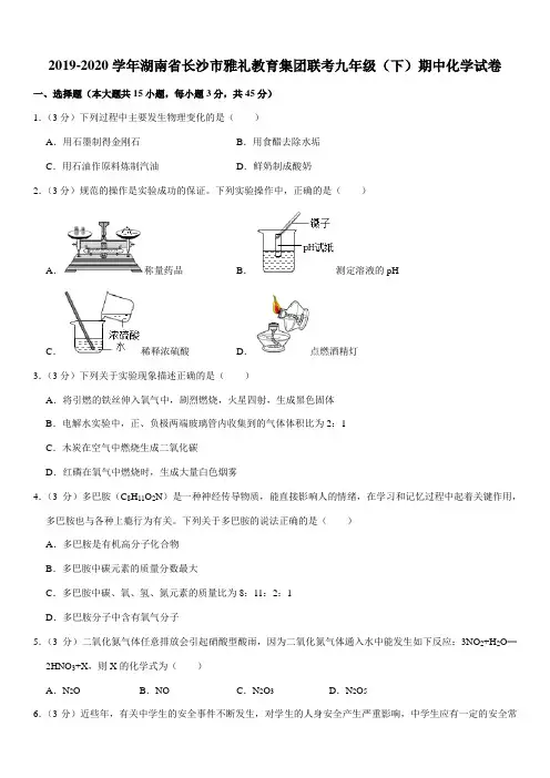 2019-2020学年湖南省长沙市雅礼教育集团联考九年级(下)期中化学试卷