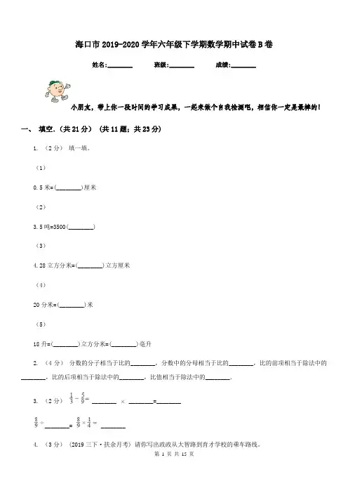 海口市2019-2020学年六年级下学期数学期中试卷B卷