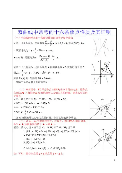 双曲线中常考的十六条焦点性质及其证明复习课程