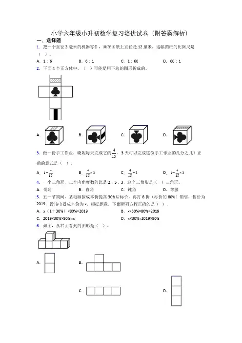 小学六年级小升初数学复习培优试卷(附答案解析)