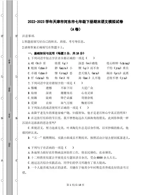 2022-2023学年天津市河东市七年级下册期末语文模拟试卷(AB卷)含解析