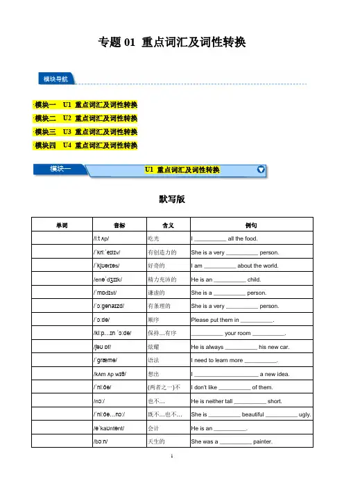 2024-2025学年译林版九年级英语上学期考点  专题01 Units 1~4重点词汇及词性转换