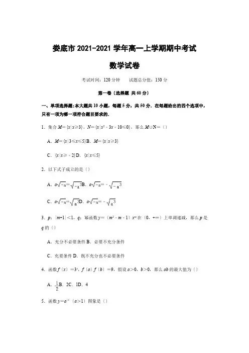 湖南省娄底市2020-2021学年高一上学期期中考试数学试题