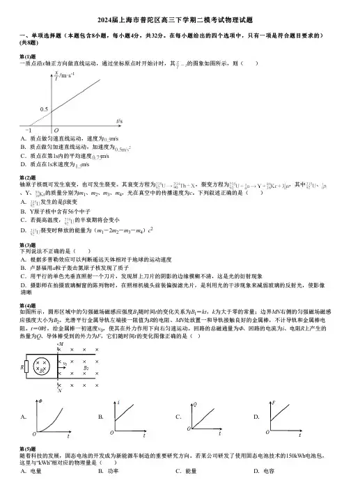 2024届上海市普陀区高三下学期二模考试物理试题