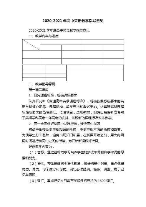 2020-2021年高中英语教学指导意见