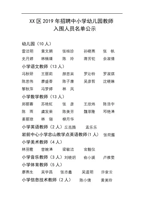 XX区2019年招聘中小学幼儿园教师入围人员名单公示【模板】