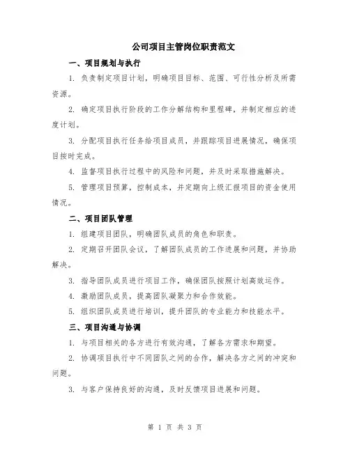 公司项目主管岗位职责范文