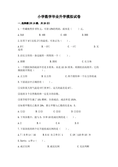 小学数学毕业升学模拟试卷(精选题)