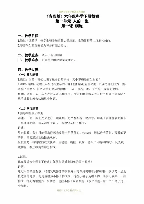 最新青岛小学科学六年级下册《1细胞》精品教案 (5)