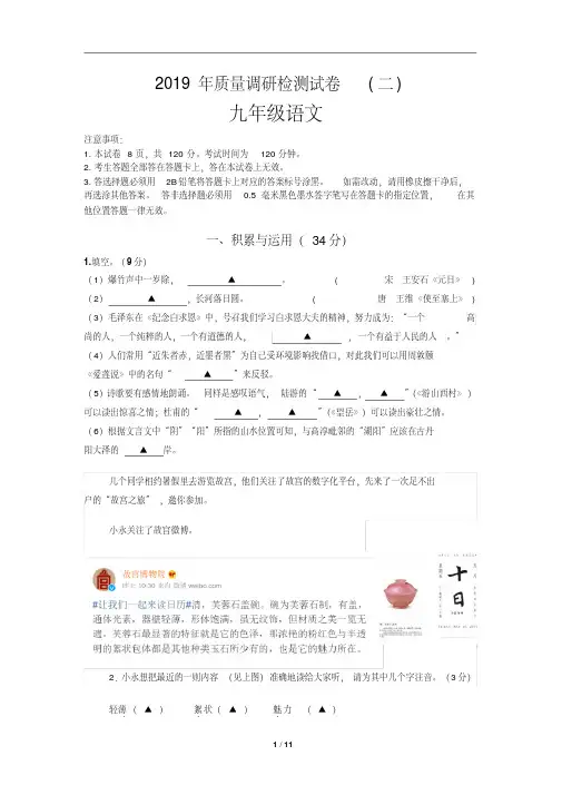【晨鸟】江苏省南京市高淳区2019年质量调研检测试卷(二)九年级语文试卷(含答案)