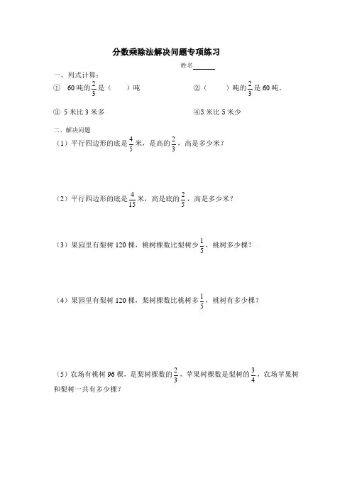人教版小学六年级数学上册分数乘除法解决问题练习