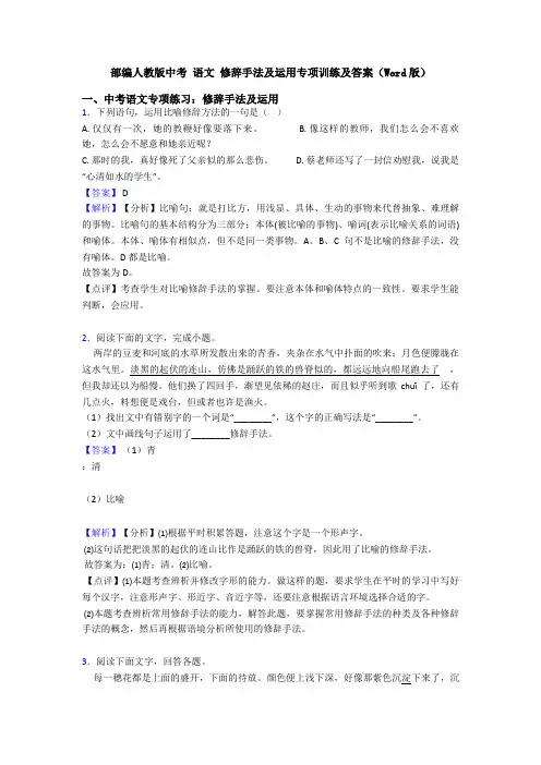 部编人教版中考 语文 修辞手法及运用专项训练及答案(Word版)