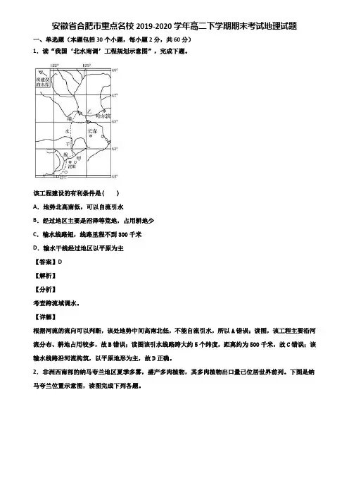 安徽省合肥市重点名校2019-2020学年高二下学期期末考试地理试题含解析