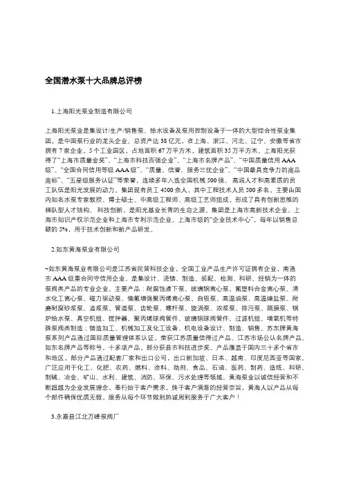 全国潜水泵十大品牌总评榜