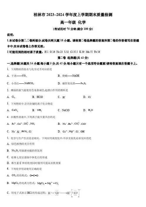 2023-2024学年广西桂林市高一上学期期末质量检测化学试卷含详解