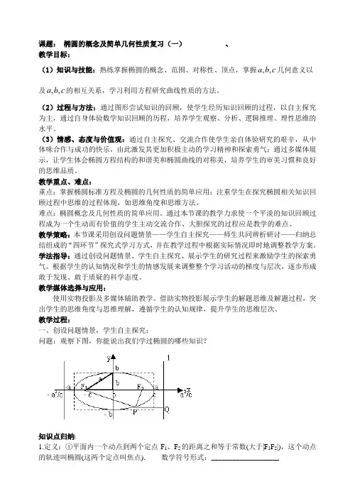 2_2椭圆的概念及简单几何性质复习教案(苏教版选修2-1)