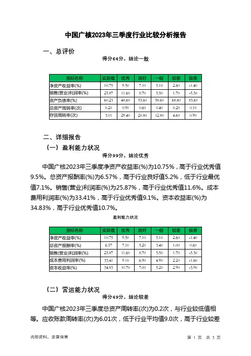 003816中国广核2023年三季度行业比较分析报告