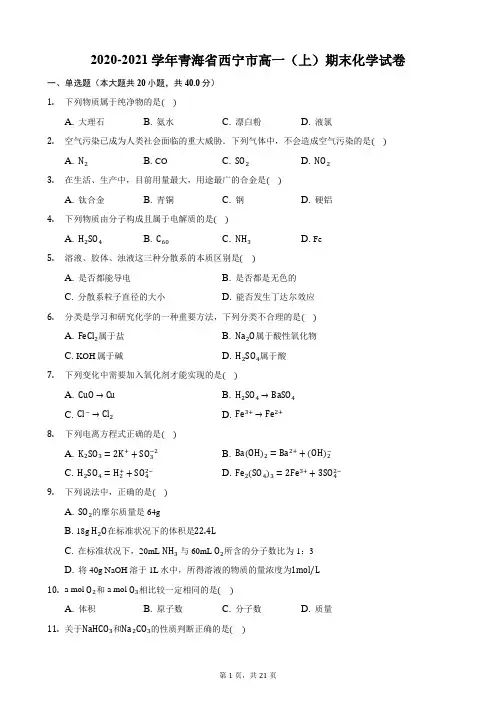 2020-2021学年青海省西宁市高一(上)期末化学试卷