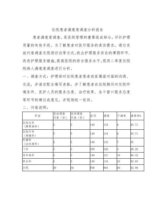 住院患者满意度调查分析报告