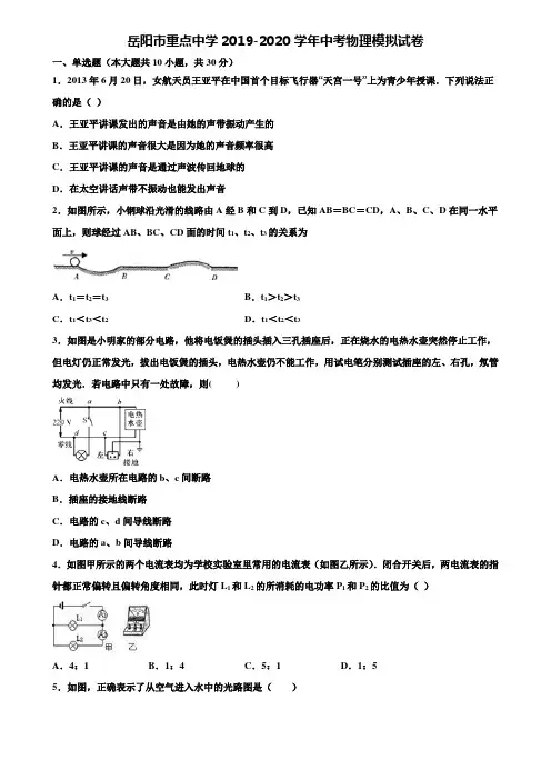 【附20套中考模拟试卷】岳阳市重点中学2019-2020学年中考物理模拟试卷含解析