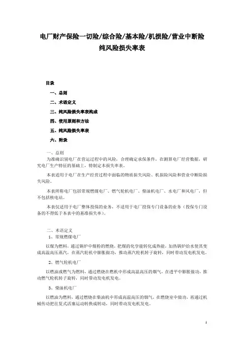 电厂财产保险一切险、综合险、基本险、机损险、营业中断险纯风险损失率表