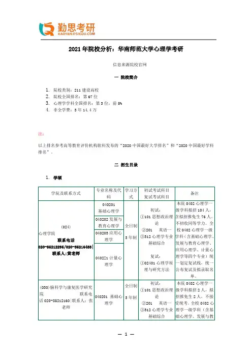 2021年院校分析：华南师范大学心理学考研