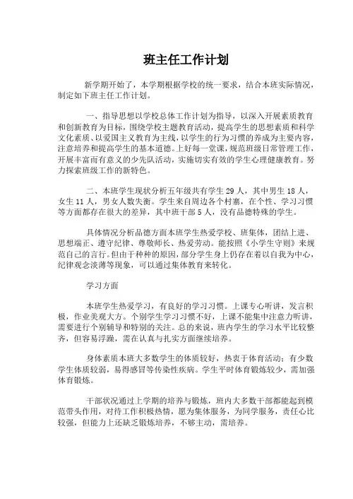 小学五年级班主任工作计划 2