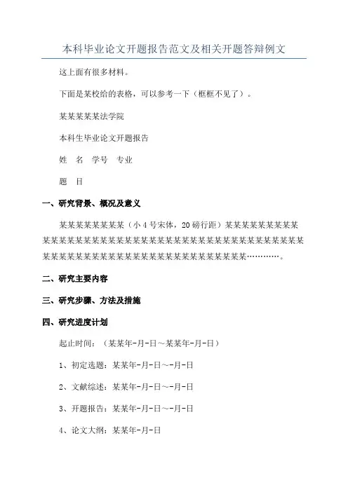 本科毕业论文开题报告范文及相关开题答辩例文