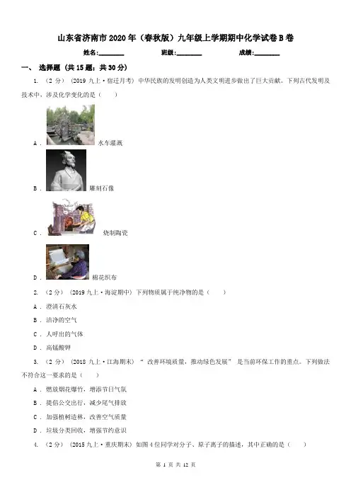 山东省济南市2020年(春秋版)九年级上学期期中化学试卷B卷