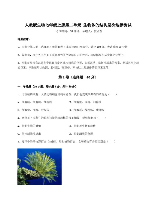 人教版生物七年级上册第二单元 生物体的结构层次达标测试试卷(含答案详解)