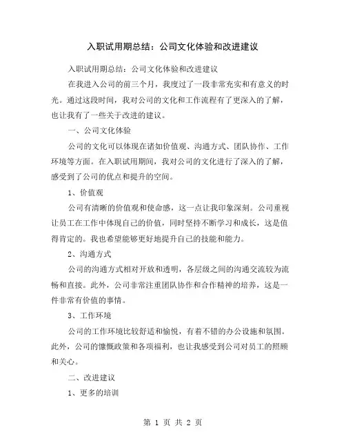 入职试用期总结：公司文化体验和改进建议