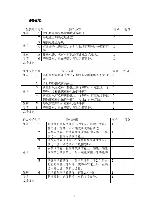小学六年级科学实验操作步骤及评分标准