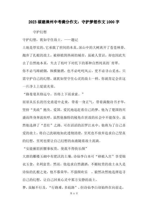 2023福建漳州中考满分作文：守护梦想作文1000字
