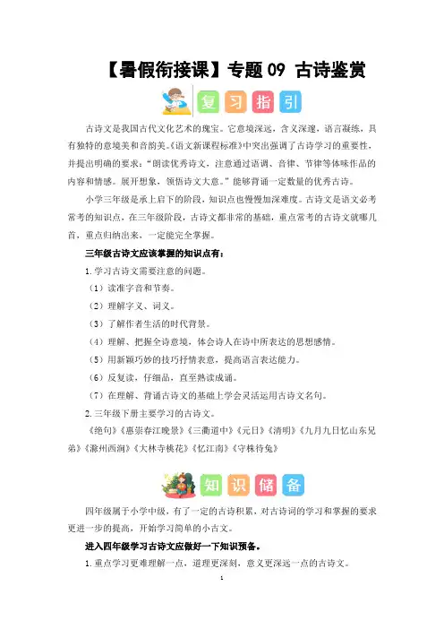 三升四语文暑假衔接课  专题09 古诗鉴赏 讲义 试题  有答案