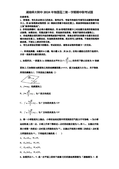 湖南师大附中2024年物理高三第一学期期中联考试题含解析