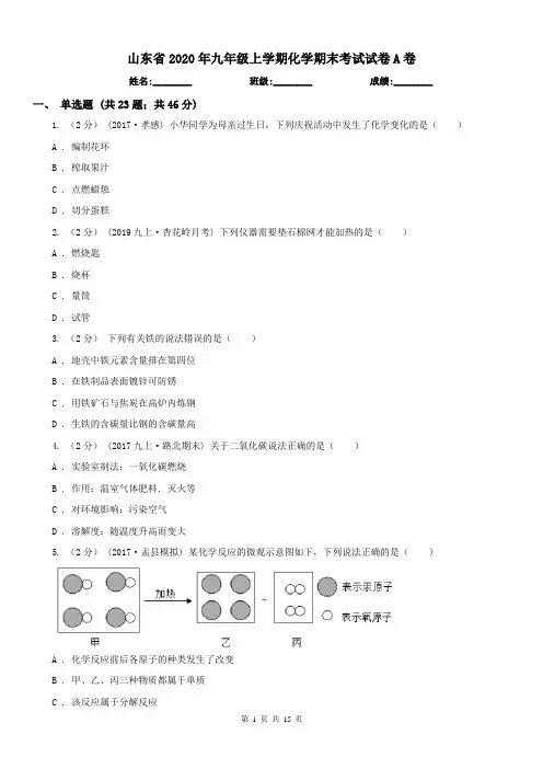 山东省2020年九年级上学期化学期末考试试卷A卷(练习)