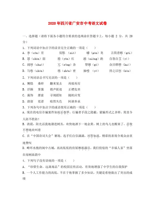 四川省广安市2020年中考语文真题试题(含解析)