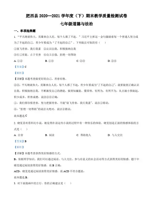安徽省合肥市肥西县2020-2021学年七年级下学期期末道德与法治试题(解析版)