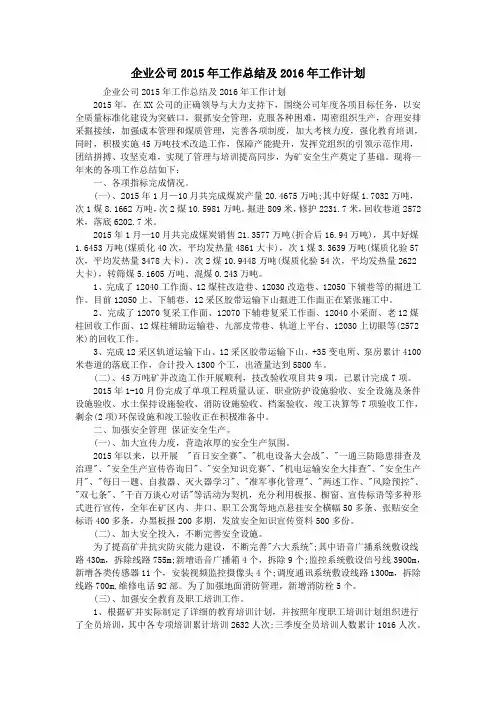 企业公司2015年工作总结及2016年工作计划DOC