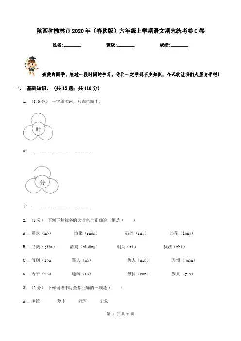 陕西省榆林市2020年(春秋版)六年级上学期语文期末统考卷C卷
