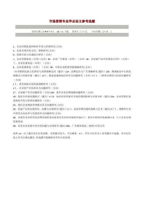 《市场营销》毕业论文参考选题