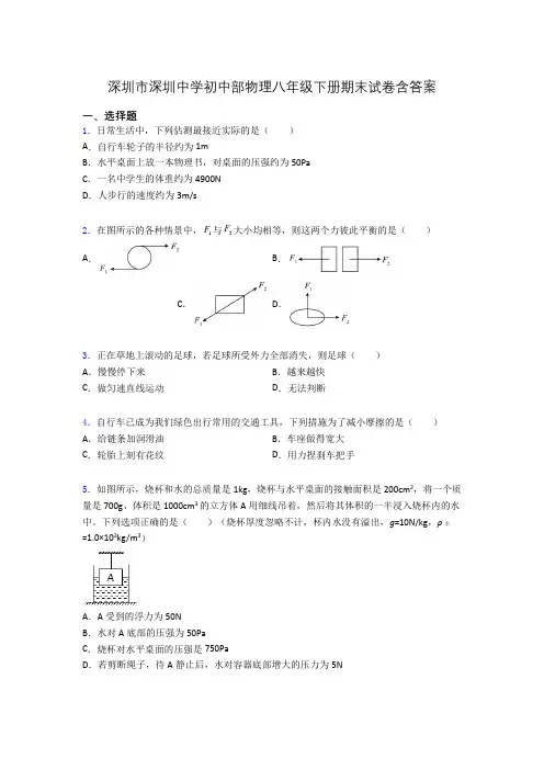 深圳市深圳中学初中部物理八年级下册期末试卷含答案