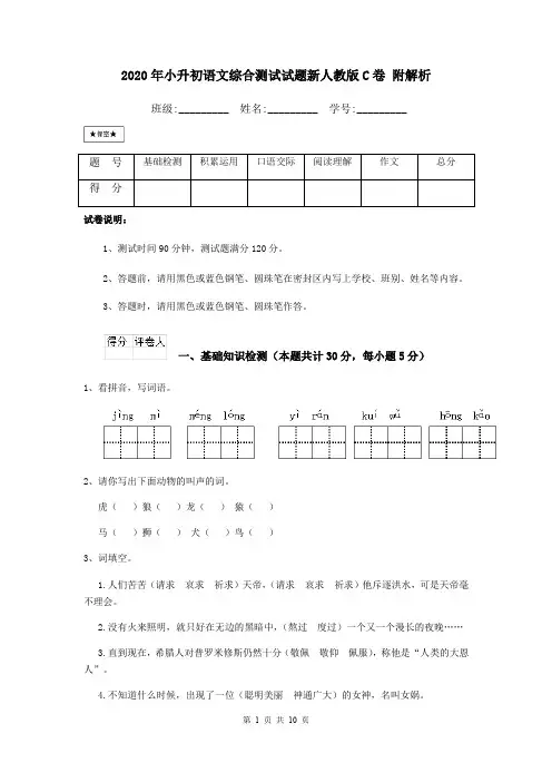 2020年小升初语文综合测试试题新人教版C卷 附解析